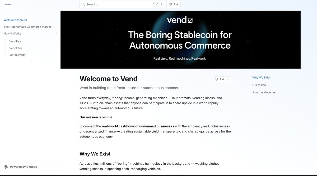 Docs are up who dis <a href="/vend_money/">Vend.Money (💵, 🤖)</a> 

Reliable income is often “boring money” — but that’s exactly why it works.

More info here: vend.gitbook.io/vend-docs