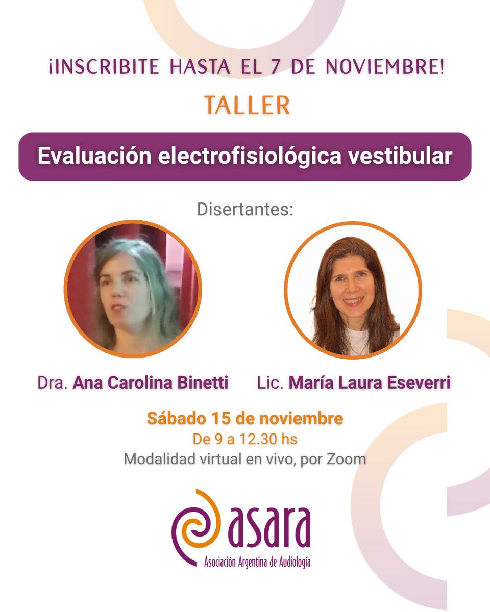 🤳 ¿Ya te inscribiste? Podés hacerlo hasta del 7 de noviembre acá 👇
bit.ly/3WgwNUa

👂 Taller: Evaluación electrofisiológica vestibular, a cargo de Ana Carolina Binetti (Médica ORL) y María Laura Eseverri (Licenciada en Fonoaudiología).

👍 ¡Te esperamos!
