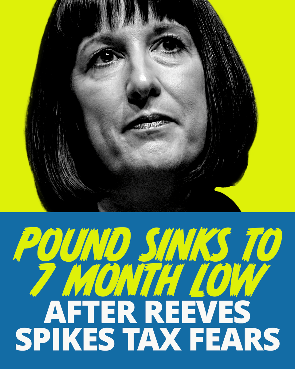 FMConservatives's tweet photo. ⚠️The pound has taken a plunge after Rachel Reeves spooked the markets with a speech laying the groundwork for big tax hikes in her Autumn Budget.

Working people are facing sky-high bills. Investors are fleeing.

Labour's promised money tree is a fantasy. https://t.co/IGlZ0eELhO