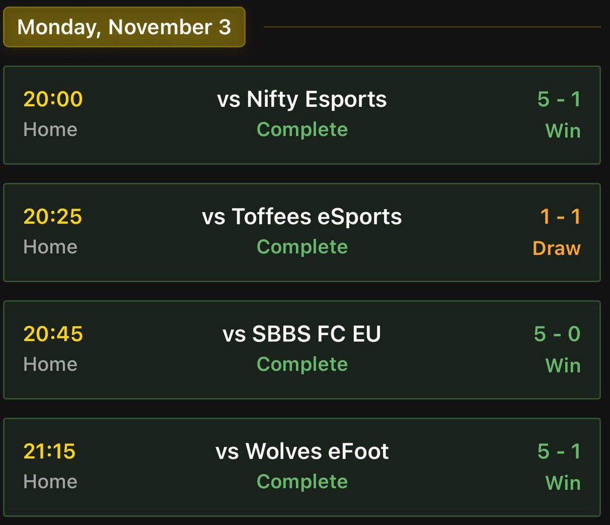 Results from last night 🫡

Well played all. Some solid results 🤝

<a href="/NiftyVpg/">VPG Nifty Esports</a> <a href="/sbbsfc/">SBBSFC</a> <a href="/WolveseFootcp/">Wolves eFoot</a> <a href="/Toffees_eSports/">Toffees eSports</a>  <a href="/OfficialVPG/">Virtual Pro Gaming</a> <a href="/VPGUK/">VPG United Kingdom</a> <a href="/VPGEurope/">Virtual Pro Gaming | Europe</a> <a href="/proclubs_weekly/">Pro Clubs Weekly</a>