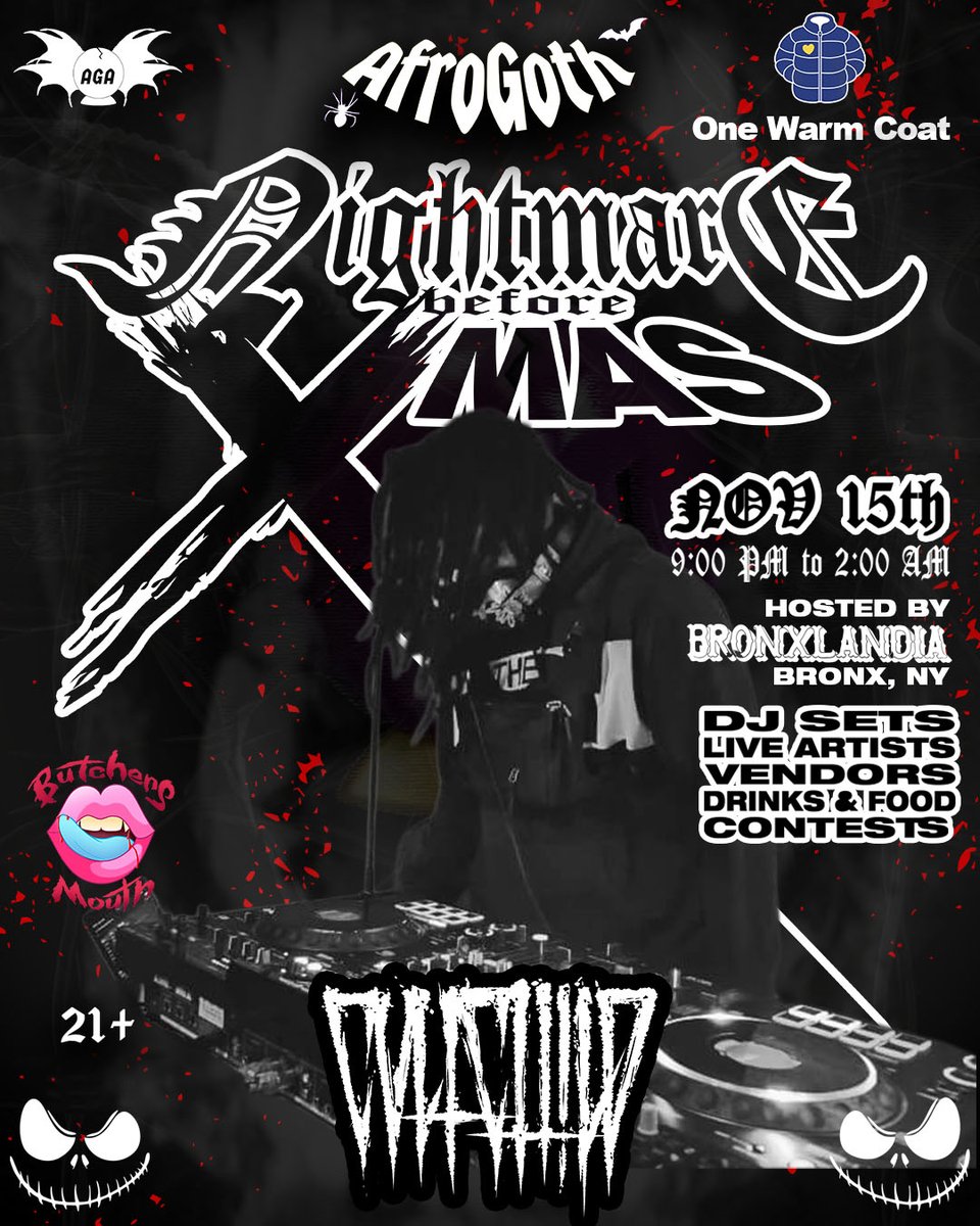 Presented by #afrogoth
 Bronxlandia (Bronx, NY)
Nov 15  9PM–2AM 21+

I’ll be spinning #witchhouse &amp; #trashwave originals.
Bring a coat for #onewarmcoat  catch killer DJ's live sets vendors &amp; drinks

  #BronxEvents #GothNight #coatdrive #newyork #nyc #witchhousemusic
