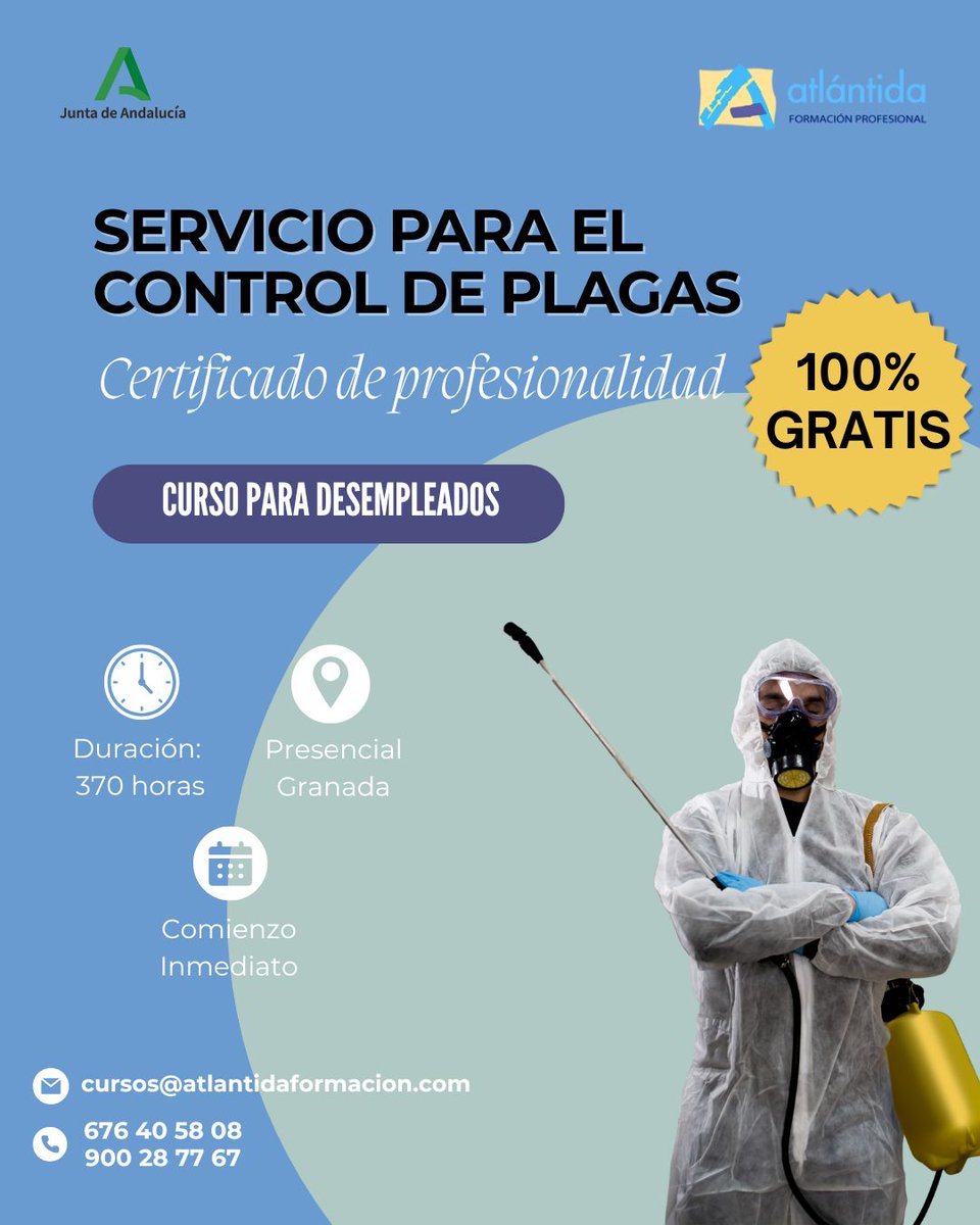 🪰🧪 ¡Especialízate en el control de plagas! con nuestro Certificado de Control de Plagas subvencionado por la Junta de Andalucía.
📍 Modalidad: Presencial
💡Dirigido a: desempleados
📩 ¡Reserva tu plaza ahora!