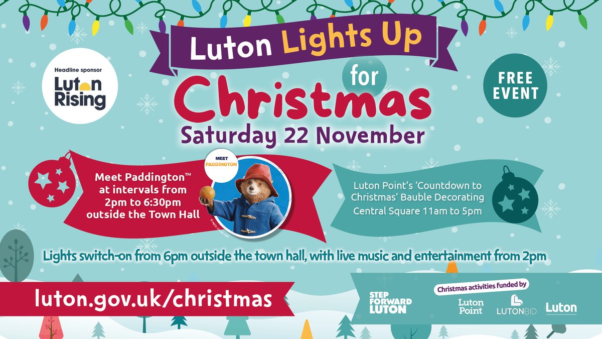 Join us for a season of free festive fun for everyone, with Luton Lights Up for Christmas!

📅 Saturday 22 November 2025
📍 Luton Town Centre
🕚 Festivities from 11am – big switch-on at 6pm 

Enjoy a magical day filled with festive entertainment, bauble decorating, and meet
