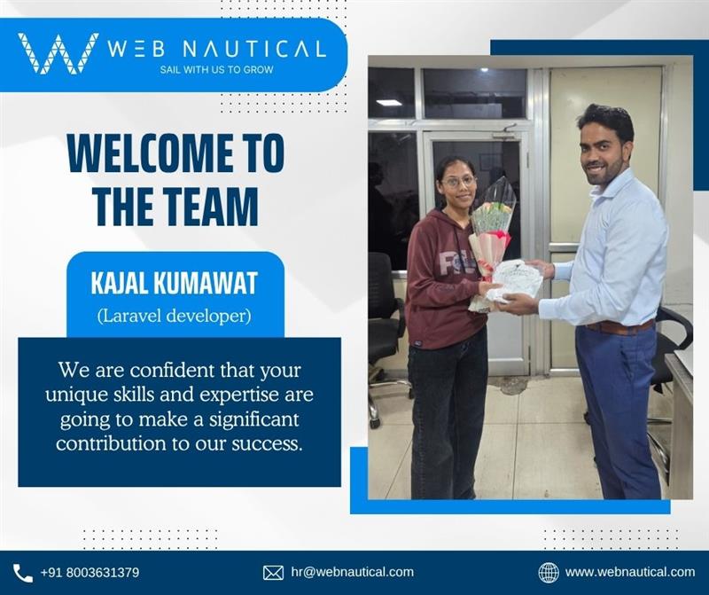 NauticalWeb's tweet image. 🎉 Welcome aboard, Kajal Kumawat!
We’re thrilled to have you join Web Nautical as our new Laravel Developer.
Your skills and enthusiasm will surely add great value to our growing team! 🚀
#WelcomeToTheTeam #WebNautical #LaravelDeveloper #TechJobs #Onboarding #DeveloperLife…