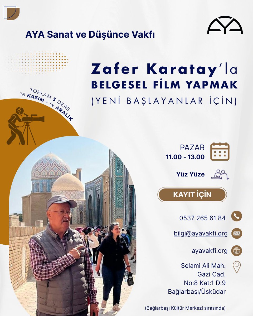 AYA'da Zafer Karatay'la "Belgesel Film Yapmak" 16 Kasım'da başlıyor.

Kayıt için: 0537 265 61 84