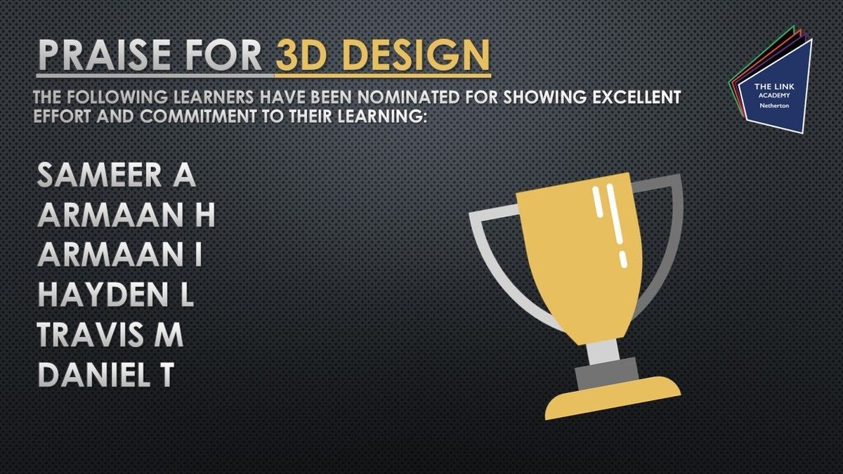The following learners have been identified for praise in 3D Design. 
Congratulations!