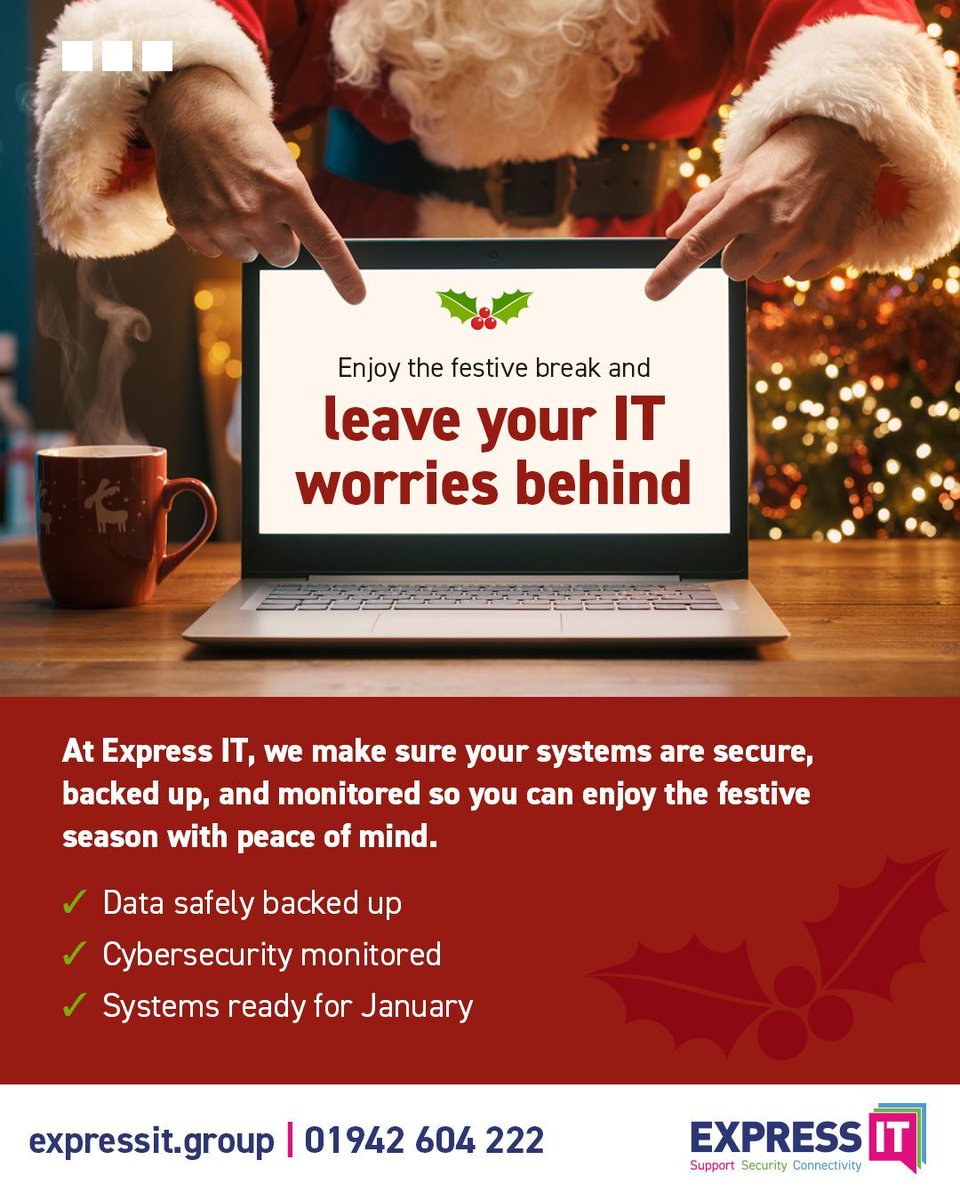 expressitgroup's tweet image. 🎄 When your business shuts for the holidays, the last thing you want is a tech disaster waiting for you in January. 

At Express IT, we make sure your systems are secure, backed up, and monitored so you can enjoy the festive season with peace of mind. 

expressit.group