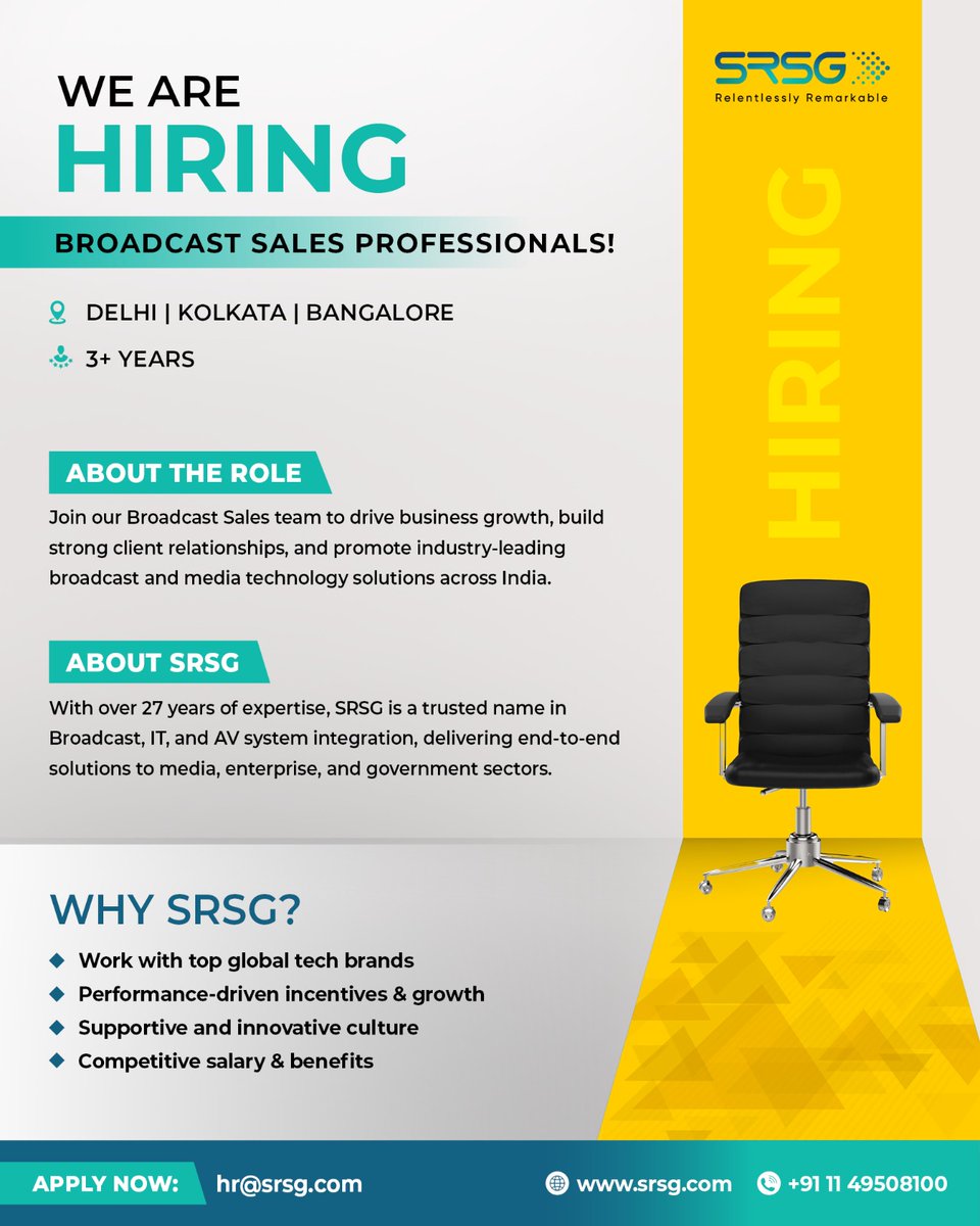 We’re hiring Broadcast Sales Professionals (3+ yrs) in Delhi, Kolkata &amp; Bangalore.
Join SRSG and work with a team shaping broadcast and media workflows across India.
📩 hr@srsg.com | 🌐 srsg.com
...
#BroadcastJobs #MediaTech #SRSGHiring #hiring #vacancies