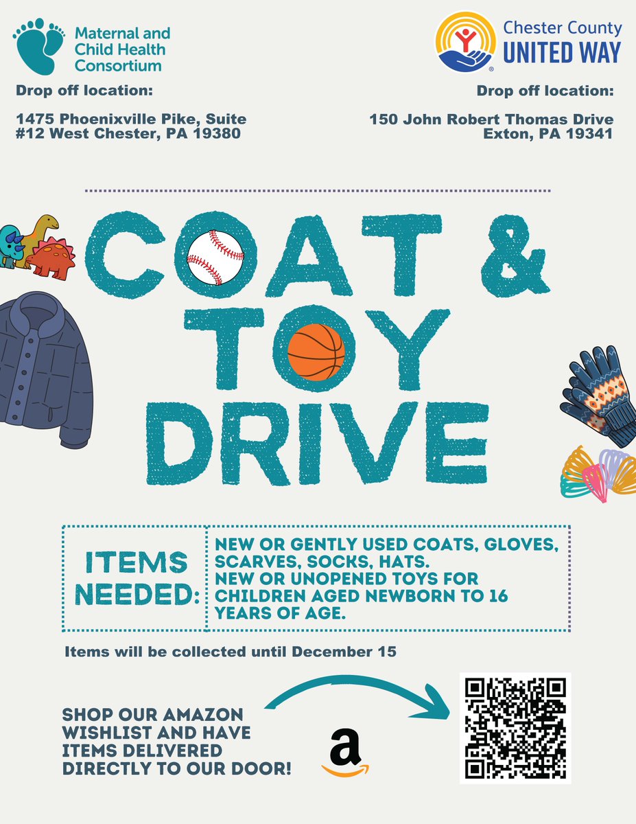 Join us in helping the Maternal and Child Health Consortium in collecting new or gently used coats, gloves, scarves, socks, and hats, as well as new or unopened toys for children from newborn to 16 years. 

Your donations will help keep kids warm and bring smiles this season!