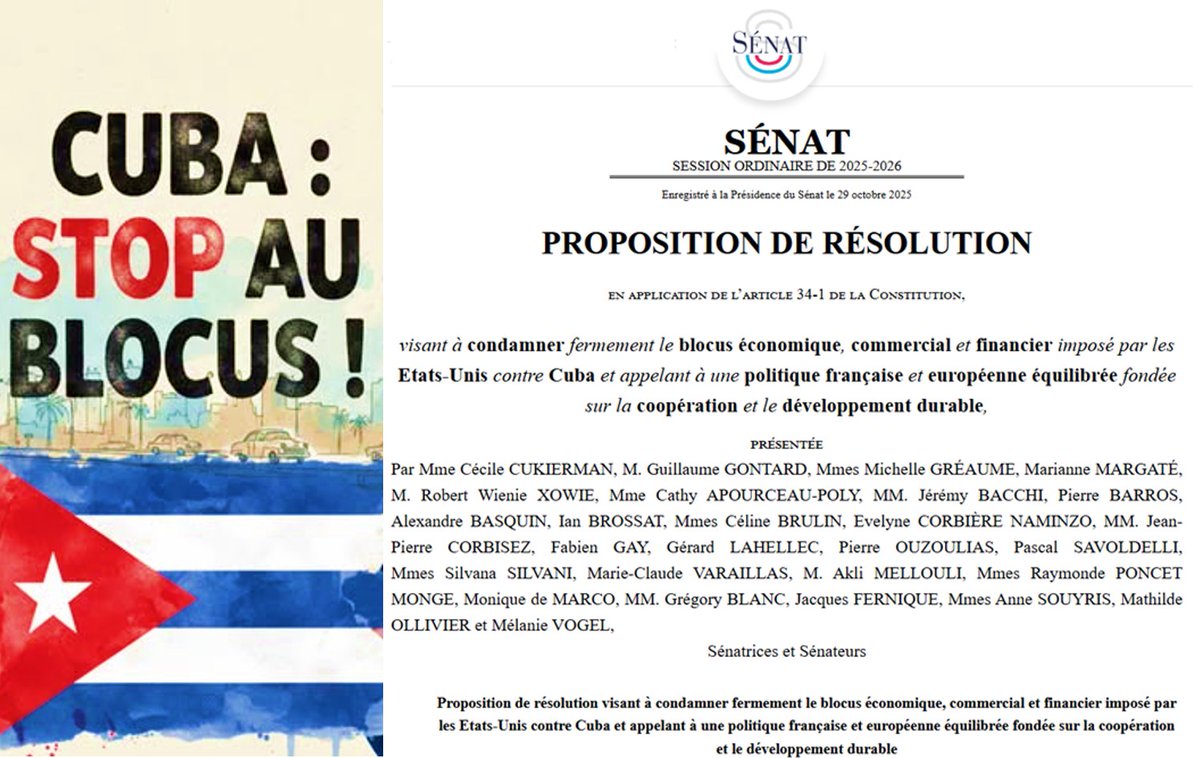 📌Un projet visant à condamner le blocus🇺🇸🆚Cuba a été présenté au <a href="/Senat/">Sénat</a> 

🇨🇺🇫🇷 Senadores comunistas y ecologistas <a href="/senateursCRCE/">Sénateurs CRCE-K</a> presentaron en la cámara alta un proyecto de resolución para condenar el bloqueo contra Cuba y abogar por la cooperación con la isla

#TumbaElBloqueo