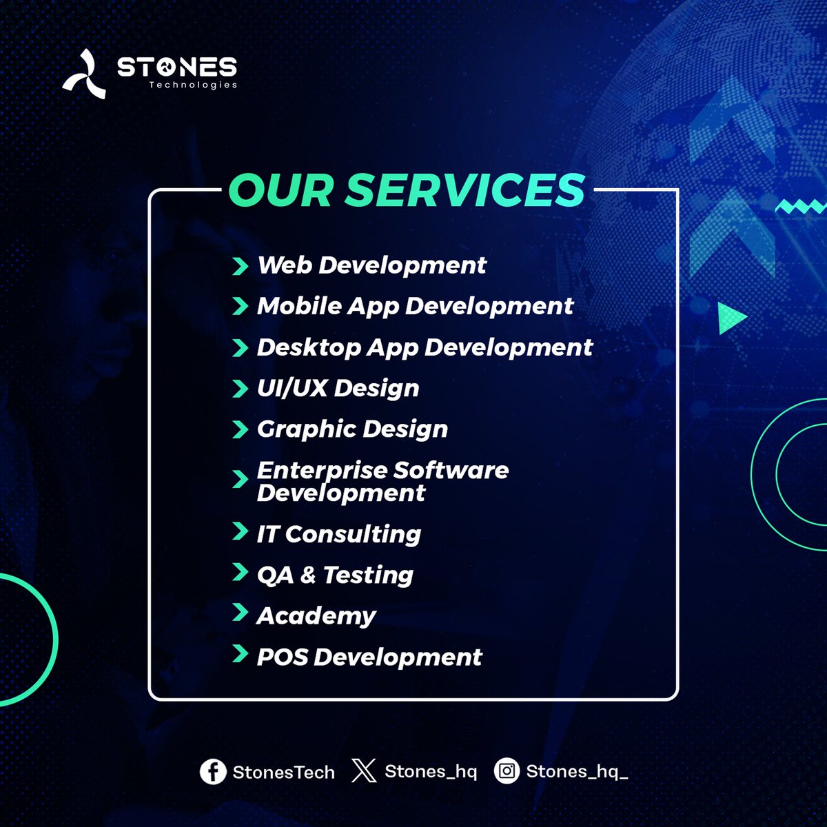 Looking for comprehensive tech solutions under one roof?

From Enterprise Software to Digital Marketing, we've got you covered. 

Send us a DM or reach out today
08162092523
Stonestechnologies@gmail.com
