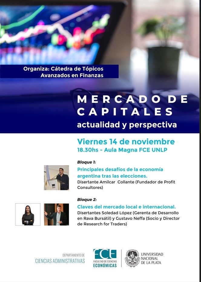 El viernes 14/11 estaremos junto a <a href="/solelopez_rava/">Soledad Lopez</a> <a href="/gneffa/">Gustavo Neffa</a> en <a href="/economicas_unlp/">Ciencias Económicas UNLP</a> . 

Hablando sobre mercado local e internacional y los desafios de 🇦🇷 post elecciones 👇