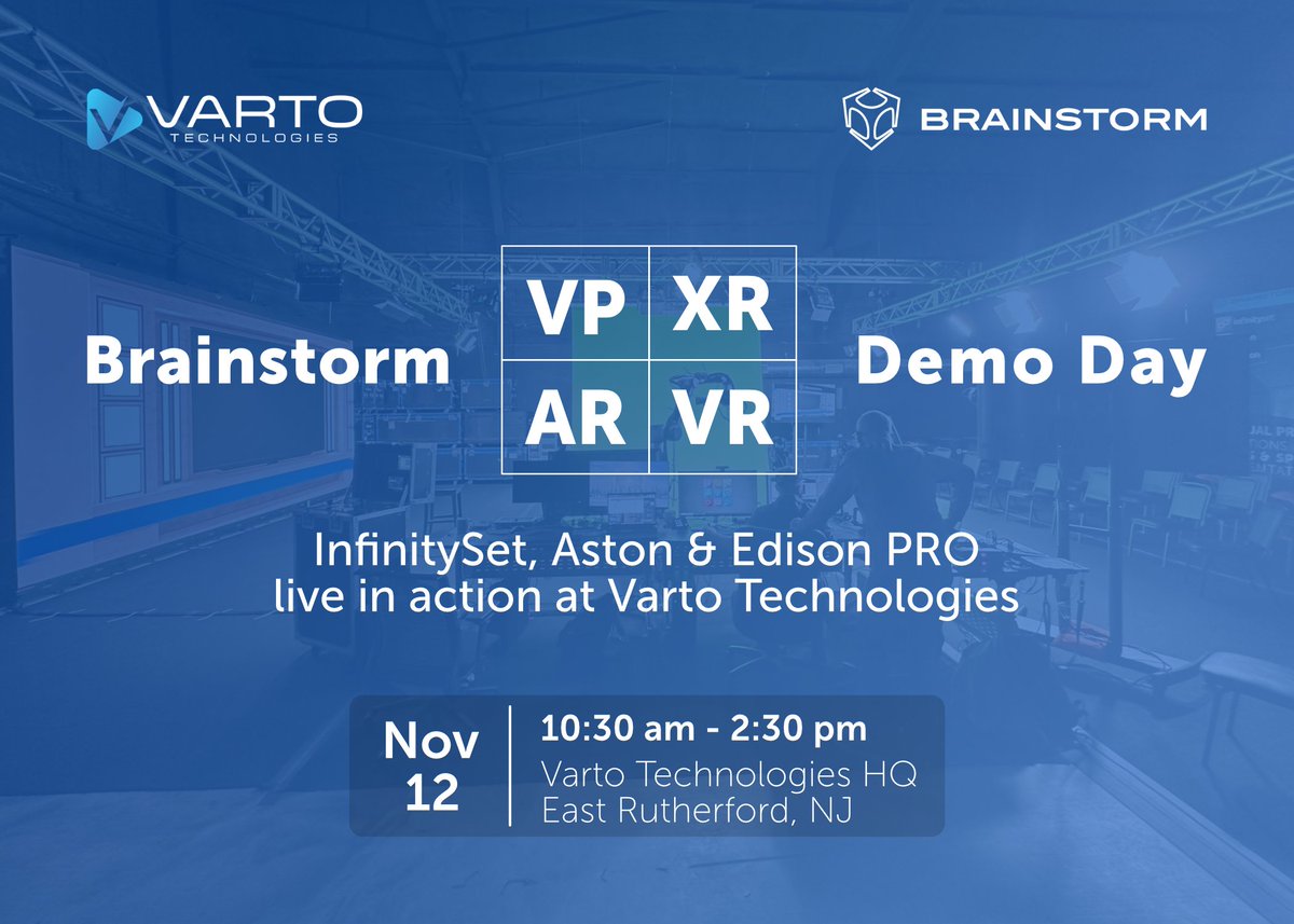 vartotech's tweet photo. Join Varto Technologies and Brainstorm on November 12 for an exclusive Brainstorm VR | XR | AR | Virtual Production Demo Day in East Rutherford, NJ.

See InfinitySet, Aston, and Edison PRO in action and explore how Brainstorm’s award-winning real-time graphics and virtual production platforms empower broadcasters, educators, and corporate teams to create high-impact content.

🎥 Live Demo & Presentation by Thierry Gonzalo, Senior Solutions Architect at Brainstorm
🍴 Morning refreshments, lunch & valet parking provided

👉 Register now: https://t.co/C3abSuksAJ

#Brainstorm3D #VartoTechnologies #VirtualProduction #XR #AR #BroadcastGraphics #Aston #InfinitySet #EdisonPRO #LiveProduction