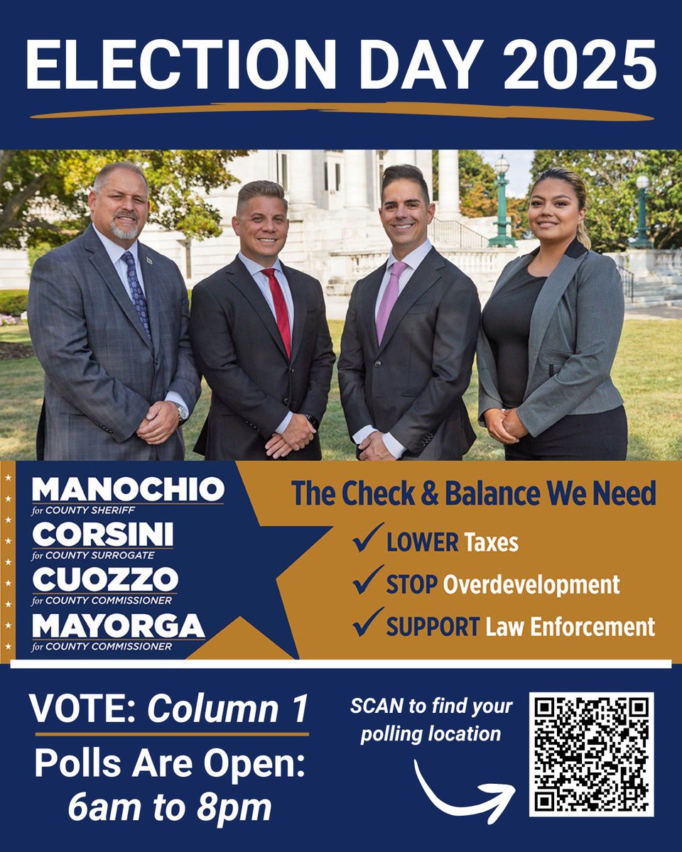 🗳️ It’s Election Day, and polls are now OPEN! We have the opportunity to vote for change, and elect a new generation of leadership in Somerset County.

For lower property taxes, to stop overdevelopment and protect our open space, and for safety &amp; security, Vote Column 1!