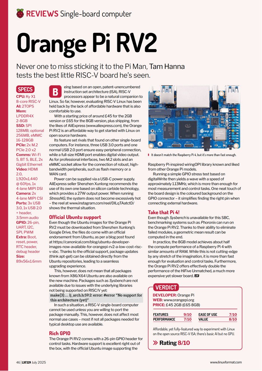 orangepixunlong's tweet image. 🎉We’re thrilled to share that #OrangePiRV2 is featured in @linuxformat 25th Anniversary Edition! 

Learn more about RISC-V, #Linux, and #OrangePi 
Get your copy now and celebrate 25 YEARS OF OPEN SOURCE #LinuxFormat! 
#OrangePi #LinuxFormat #RISCV #OpenSource