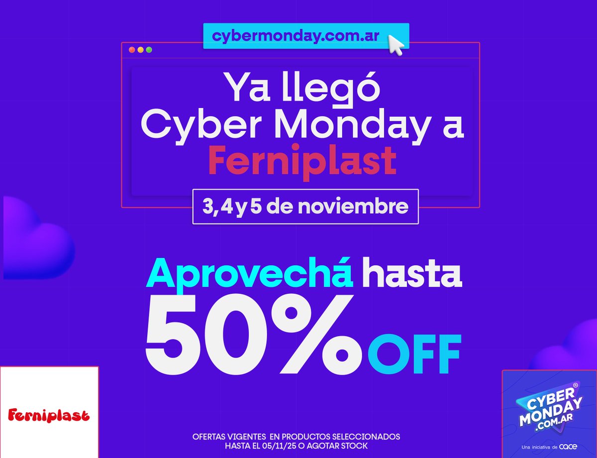 ¡ARRANCÓ EL CYBER MONDAY EN FERNI! 💥
Hasta 50% OFF en miles de productos 😱
Perfumería, limpieza, bazar, deco ¡y mucho más!
🛒 Solo por 3 DÍAS… ¡no te lo podés perder!
🗓️3,4 y 5 de noviembre
bit.ly/47Tuxsq