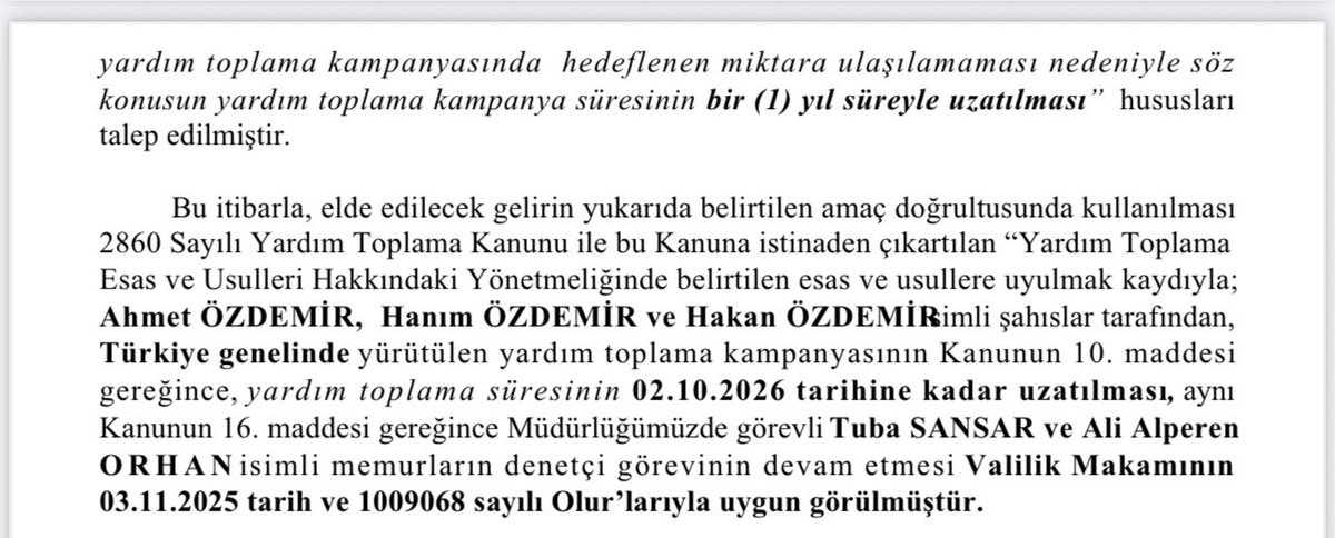 Sevgili Beratcanlar Müjde 📣📣📣

2.Valilik iznimiz çıktı.

VALİLİK İZİNLİ KAMPANYADIR

Faaliyet Numarasi: 34.2024.2207 HANIM ÖZDEMIR

Alici: Ahmet Özdemir / Ziraat Bankasi
TL: TR29 0001 0003 1960 1187 7250 05
USD: TRO2 0001 0003 1960 1187 7250 06
EUR: TR72 0001 0003 1960 1187