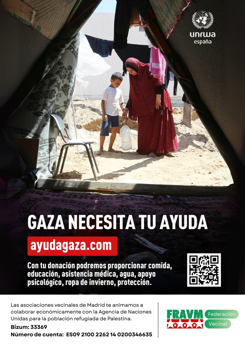 FRAVM's tweet photo. 🇵🇸 Hoy hemos presentado en la Embajada @PalestinaenEsp nuestra campaña de solidaridad con #Gaza y de apoyo a la @UNRWAes

Más de 2 millones de personas necesitan ayuda urgente.

👉Desde nuestros barrios, apoyemos su labor humanitaria. Aporta mediante Bizum 33369 o transferencia. https://t.co/9ErOzUCWDP