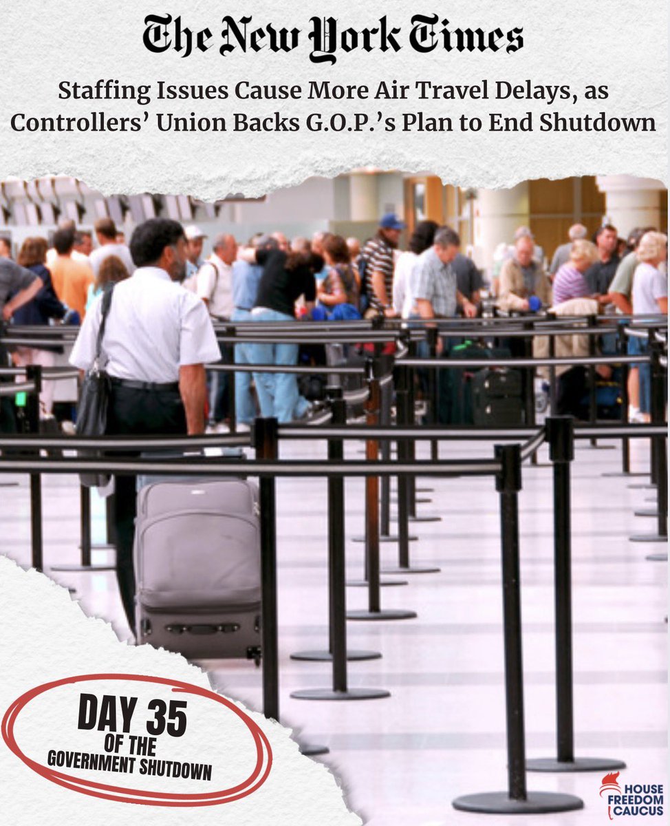 🚨It’s Day 35 of the Democrat Shutdown.

Flights are delayed, families are struggling, and American workers aren’t getting paid.

And yet Chuck Schumer is still holding out for handouts to illegal aliens, increased spending, and COVID-era giveaways to insurance companies.