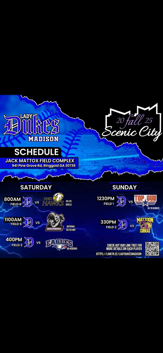 DukesMadisonNat's tweet photo. Next stop ➡️ Scenic City 
The grind continues every inning, every pitch let’s compete.
Coaches — come check out our squad and scan the QR for player profiles . 
#ladydukesmadison #Madisonplayers https://t.co/bzfCnPmyLA