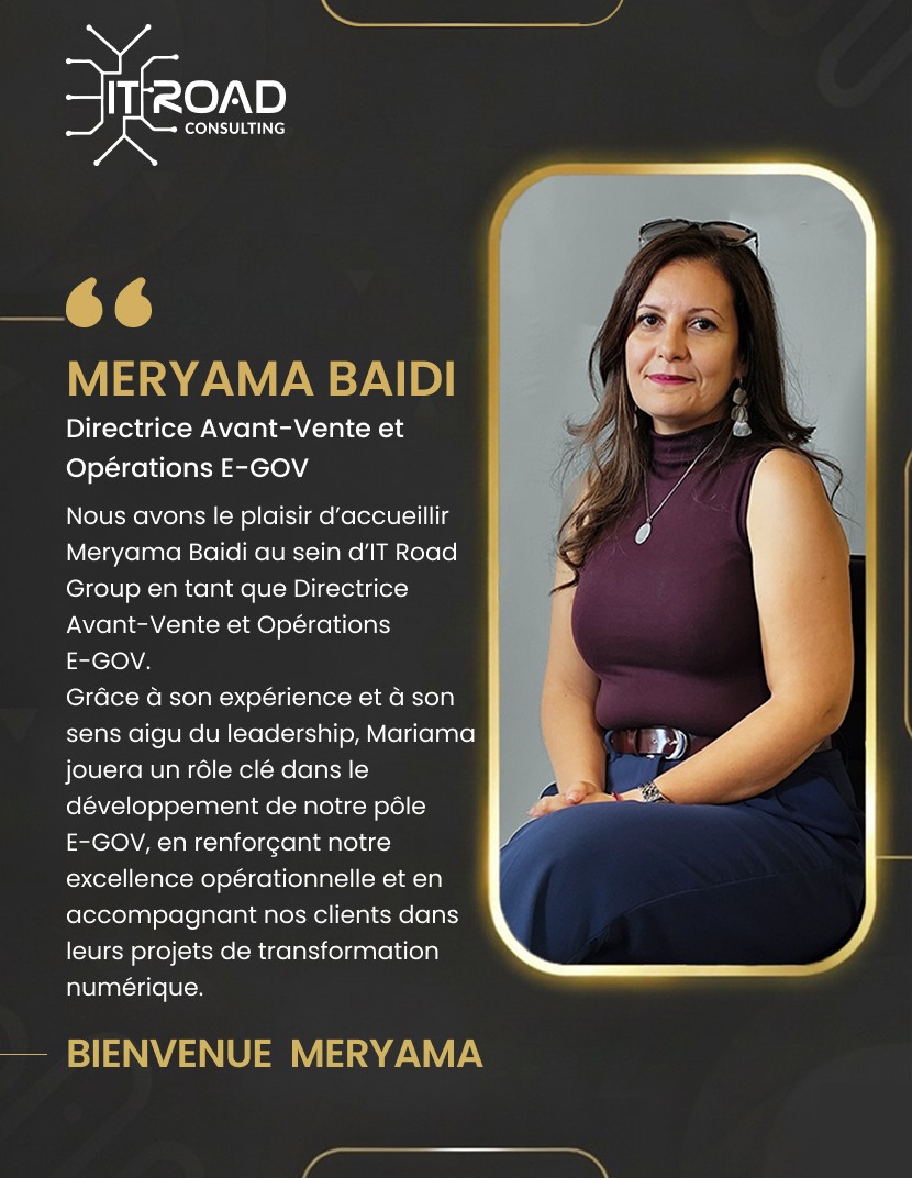 ITRoadGroup's tweet photo. Nous accueillons Meryama Baidi en tant que Directrice Avant-Vente &amp; Opérations E-GOV chez @ITRoadGroup . 
Son leadership 💡 et son expérience 🤝 sont des atouts majeurs pour notre pôle E-GOV 🚀.

#Welcome #MeryamaBaidi #EGOV #ITRoadGroup https://t.co/Ua0jYQHDfH