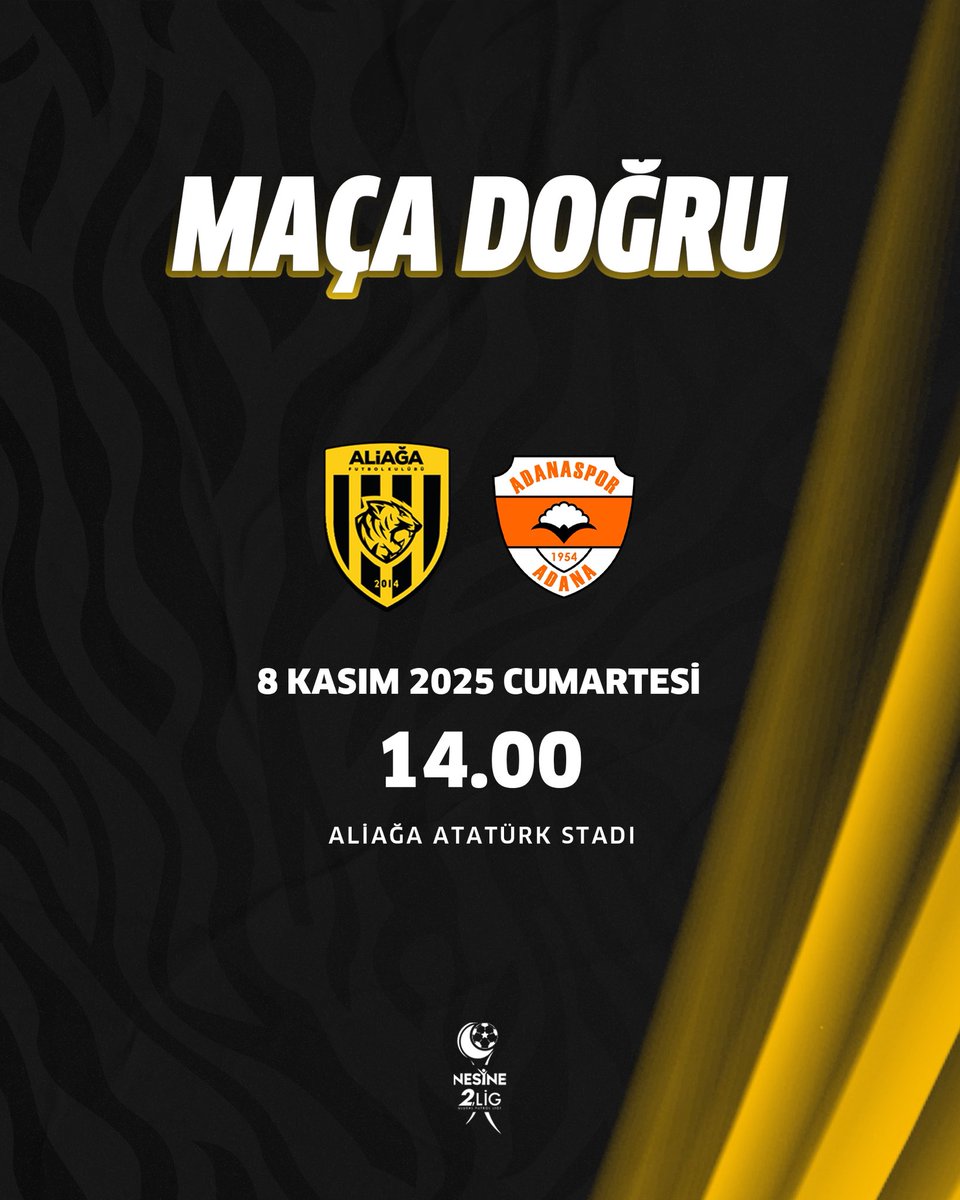 Takımımız, Nesine 2.Lig 12. Hafta maçında Adanaspor’la karşılaşacak. 8 Kasım Cumartesi günü Aliağa Atatürk Stadı’nda oynanacak mücadele 14.00’te başlayacak. 🟡⚫️