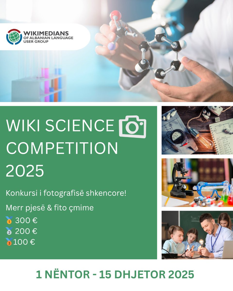Hapet #WikiScience2025 🧬🔭
Ke foto me karakter hulumtues, nga laboratori, terreni, teleskopi apo një eksperiment ? 
Bëhu pjesë e konkursit të fotografisë shkencore!   
👉w.wiki/EWT9
#SciencePhotography #STEM #Kosovo #Albania #WikiCommons