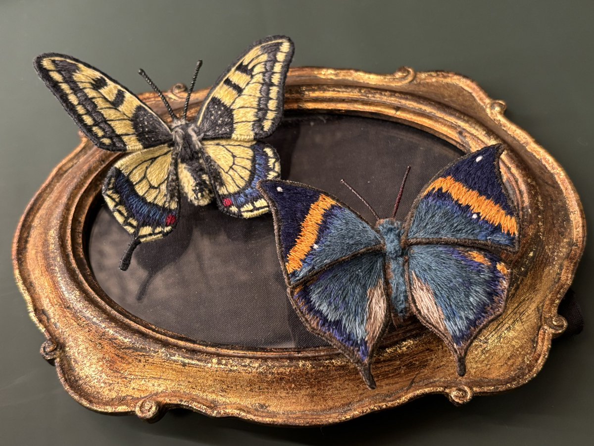 EmbroideryKeika's tweet image. 裏も表も美しく。1枚の布で裏表違う柄を表現する不思議な刺繍をやっています。額装してネームタグもつけて標本風にして完成。その予定☺️