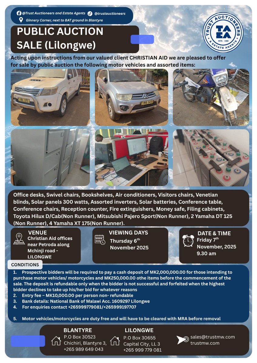 TrustAuction's tweet photo. Exciting news!📢
Apart from the public auction taking place in Blantyre at AGMA/AXA grounds on the 7th this week, Trust Auctioneers informs it's valued customers in Lilongwe that there will be a public auction with it's valued client CHRISTIAN AID on the same date. #lilongweauc https://t.co/huDa953QaR