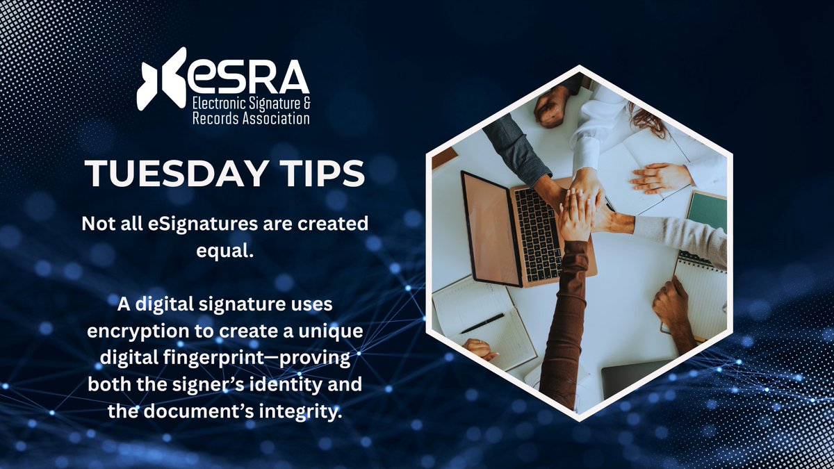 esignrecords's tweet image. ✍️ ESRA Tips Tuesday: Not all eSignatures are created equal.
A digital signature uses encryption to create a unique digital fingerprint—proving both the signer’s identity and the document’s integrity.

#ESRA #DigitalTrust #eSignature #ERecords #DigitalCommerce