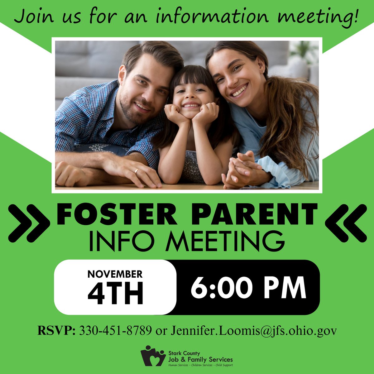 Today, November 4th, we will host an information meeting to discuss the #fostercare and #adoption process. Tonight’s meeting will begin at 6 p.m. at the Division of Children Services, 402 Second St. SE, Canton, Ohio 44702. RSVP to 330-451-8789 or Jennifer.Loomis@jfs.ohio.gov.