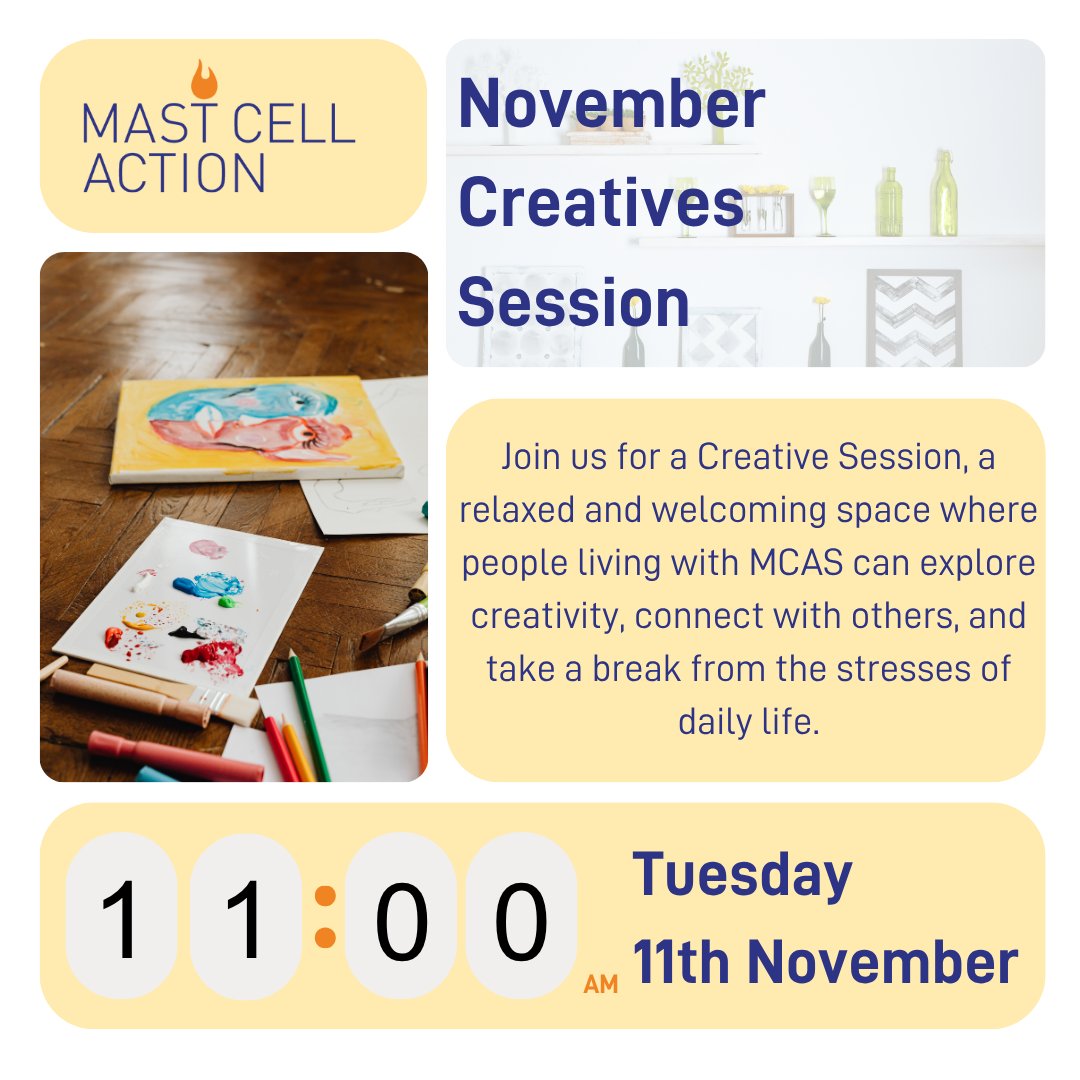Join our Creatives with MCAS sessions, which on Tuesday 11th November from 11-12pm.
Book your place here:mastcellaction.org/mast-cell-acti…
Theme for November: Bring an every day object and pitch it as something entirely different. Write about an emotion.