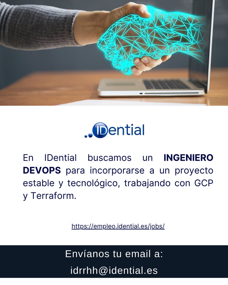 IDential_Global's tweet image. 💼 {#IDentialJobs}

🔎 En IDential buscamos un Ingeniero DevOps para incorporarse a un proyecto estable y tecnológico, trabajando con GCP y Terraform.

🔗 empleo.idential.es/jobs/ingeniero…

#gcp #terraform #ofertadeempleo #trabajoenequipo #EmpleosSíHay