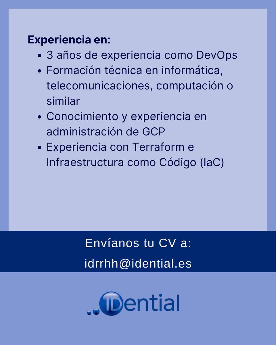 IDential_Global's tweet image. 💼 {#IDentialJobs}

🔎 En IDential buscamos un Ingeniero DevOps para incorporarse a un proyecto estable y tecnológico, trabajando con GCP y Terraform.

🔗 empleo.idential.es/jobs/ingeniero…

#gcp #terraform #ofertadeempleo #trabajoenequipo #EmpleosSíHay