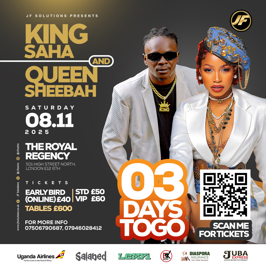 It's on THIS Saturday!
King Saha | QUEEN Sheebah Live in London, ft VJOJ
=> Hosts: JMD &amp; McKenzie
=> Dj Mac Pro | The Ugandan Babe | DJ Giddie Askia Gse | DJ Nectar | Deejay Wasswa
=> Tickets available at the door (Cash/Card)
VIP subject to availability
🖱 kingsahaqueensheebah.eventbrite.co.uk