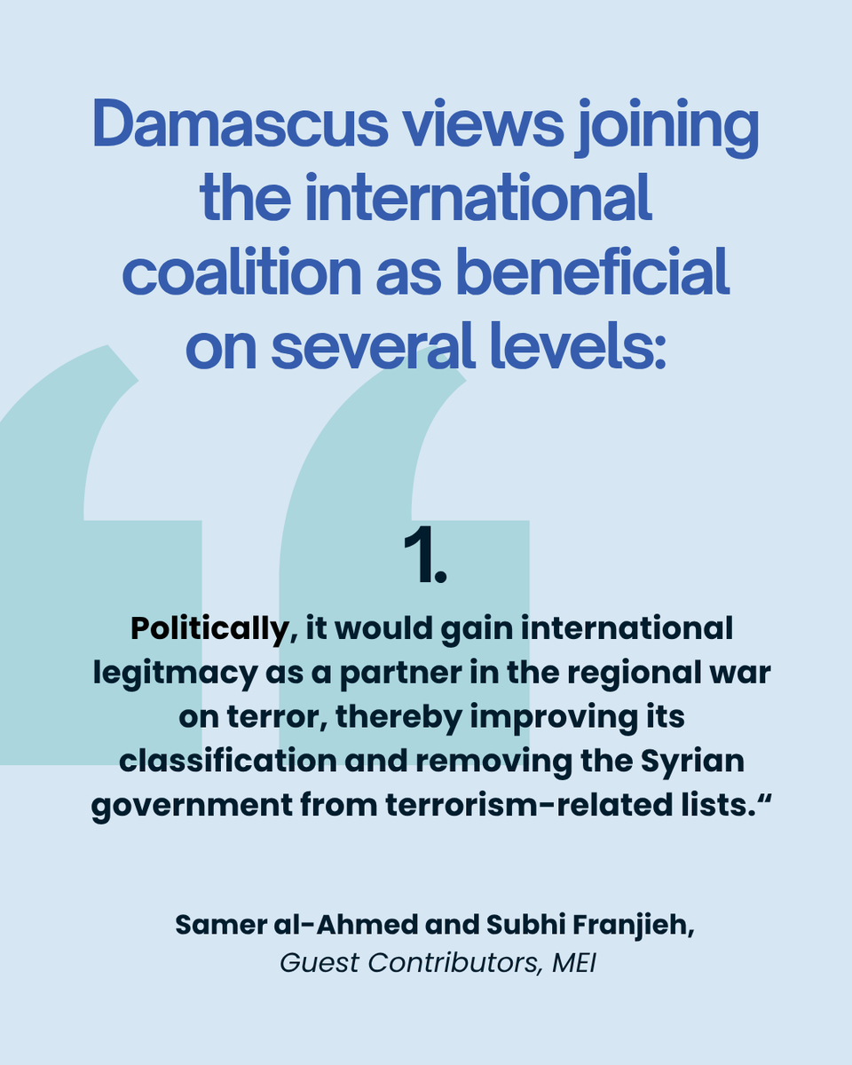 On November 10, Syrian President Ahmed al-Sharaa arrives in Washington to sign an agreement joining the Global Coalition to Defeat ISIS. MEI’s latest analysis unpacks what this new partnership means. Read more: mei.edu/publications/w…

<a href="/sameralahmadnq/">Samer Alahmad سامر الأحمد</a> @SUBHIFRANJIEH.