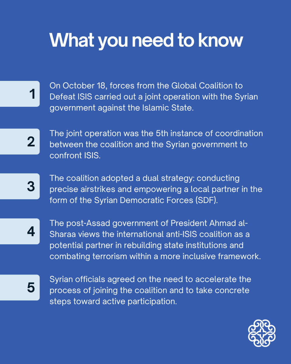 MiddleEastInst's tweet photo. On November 10, Syrian President Ahmed al-Sharaa arrives in Washington to sign an agreement joining the Global Coalition to Defeat ISIS. MEI’s latest analysis unpacks what this new partnership means. Read more: https://t.co/uUtKt1viLN

@sameralahmadnq @SUBHIFRANJIEH. https://t.co/4k8ZovorIK