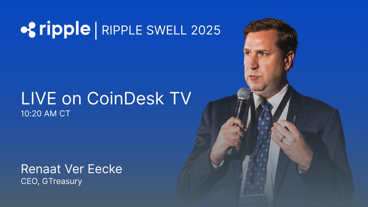 GTreasury CEO Renaat Ver Eecke will be live from #RippleSwell on <a href="/CoinDesk/">CoinDesk</a> TV today! Tune in at 10:20 AM CT to hear Renaat speak about what <a href="/Ripple/">Ripple</a>'s acquisition of GTreasury means for CFOs and treasurers.

📺 Watch live on <a href="/CoinDesk/">CoinDesk</a> or their website: hubs.li/Q03RzShB0