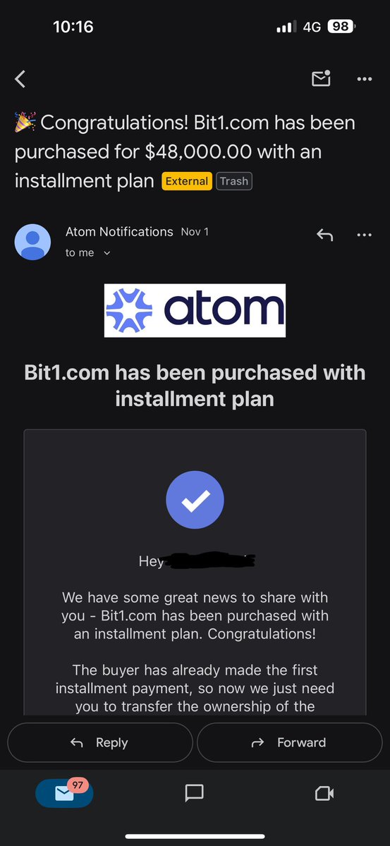 Bit1,com was SOLD for $48k.
Congrats to buyer!

<a href="/atomHQ/">Atom.com</a> <a href="/NameBio/">NameBio</a>