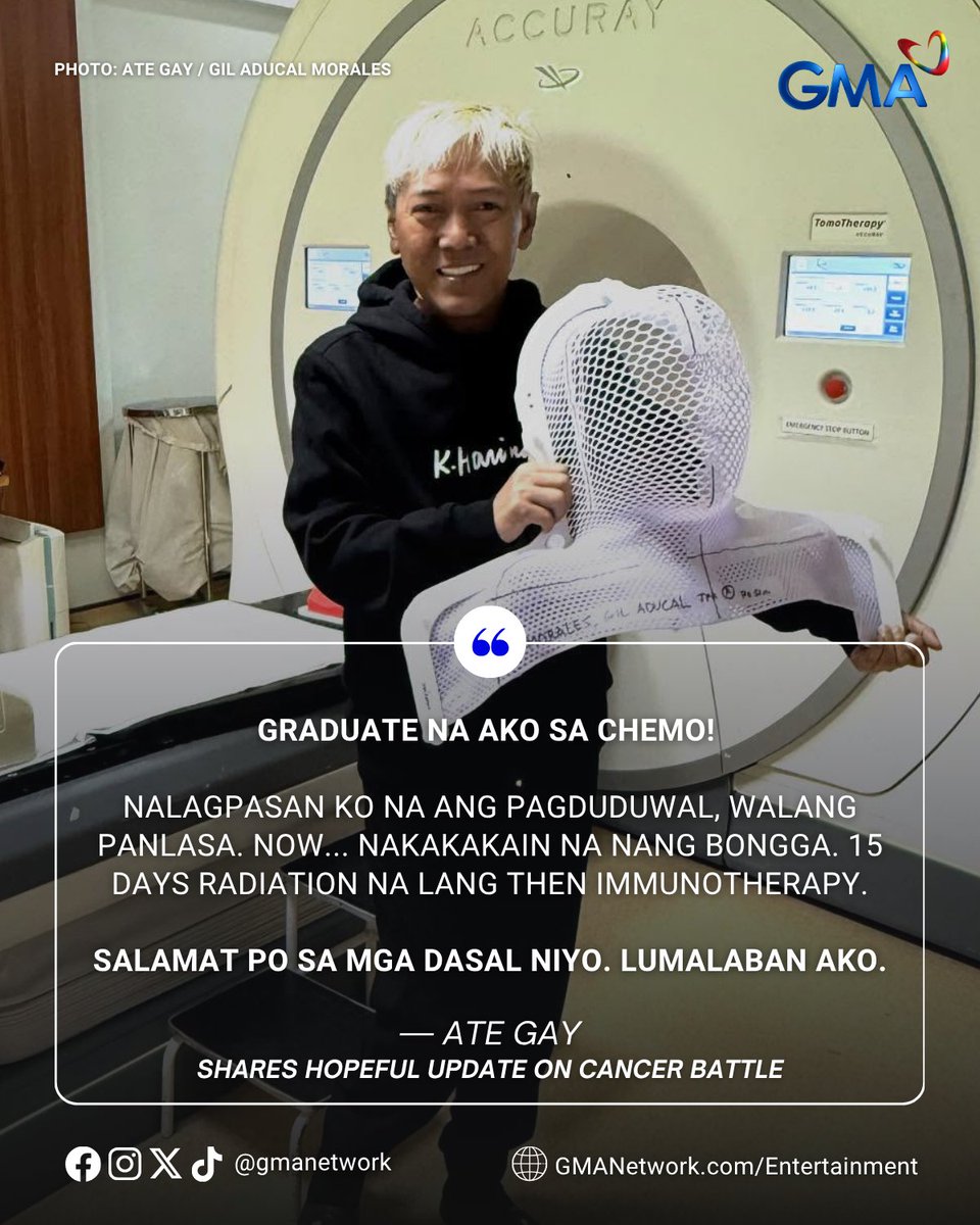 gmanetwork's tweet image. “GRADUATE NA AKO SA CHEMO!” ❤️

LOOK: Ipinagdiwang ng comedian na si #AteGay ang isang major milestone sa kaniyang cancer battle!

#KapusoTalks
#KapusoShowbizNews