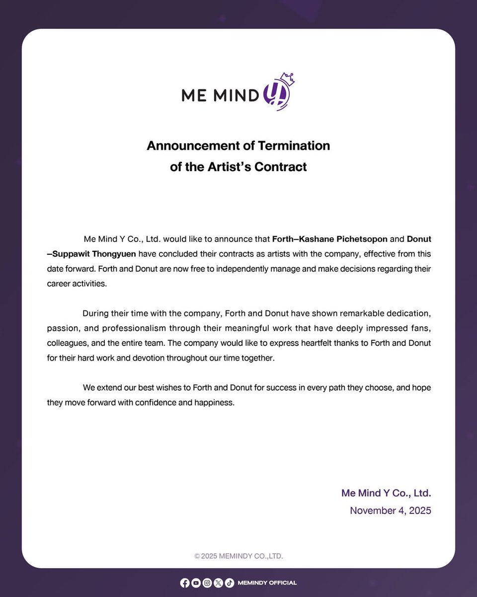 BLWebNews's tweet image. 📢 A Me Mind Y anunciou o fim dos contratos de Forth (Kashane Pichetsopon) e Donut (Suppawit Thongyuen).

Ambos seguem agora de forma independente. A empresa agradeceu pela dedicação e desejou sucesso e felicidade aos artistas nessa nova fase. 💫

#ForthKashane #DonutSuppawit