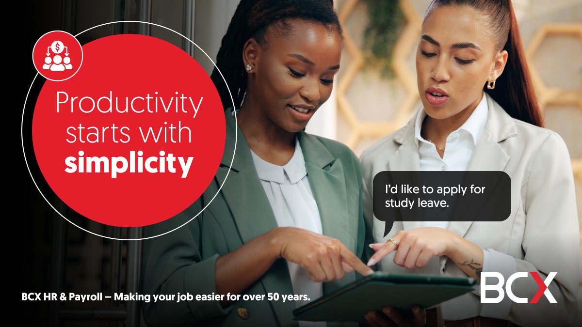 BCXworld's tweet image. Boost productivity with BCX’s integrated HR and Payroll solution. One platform that maximizes your efficiency. Discover how:  bcx.co.za/.../hr-and-pay…

#BCX #BusinessSimplified #CloudBasedHR #BCXHRandPayroll