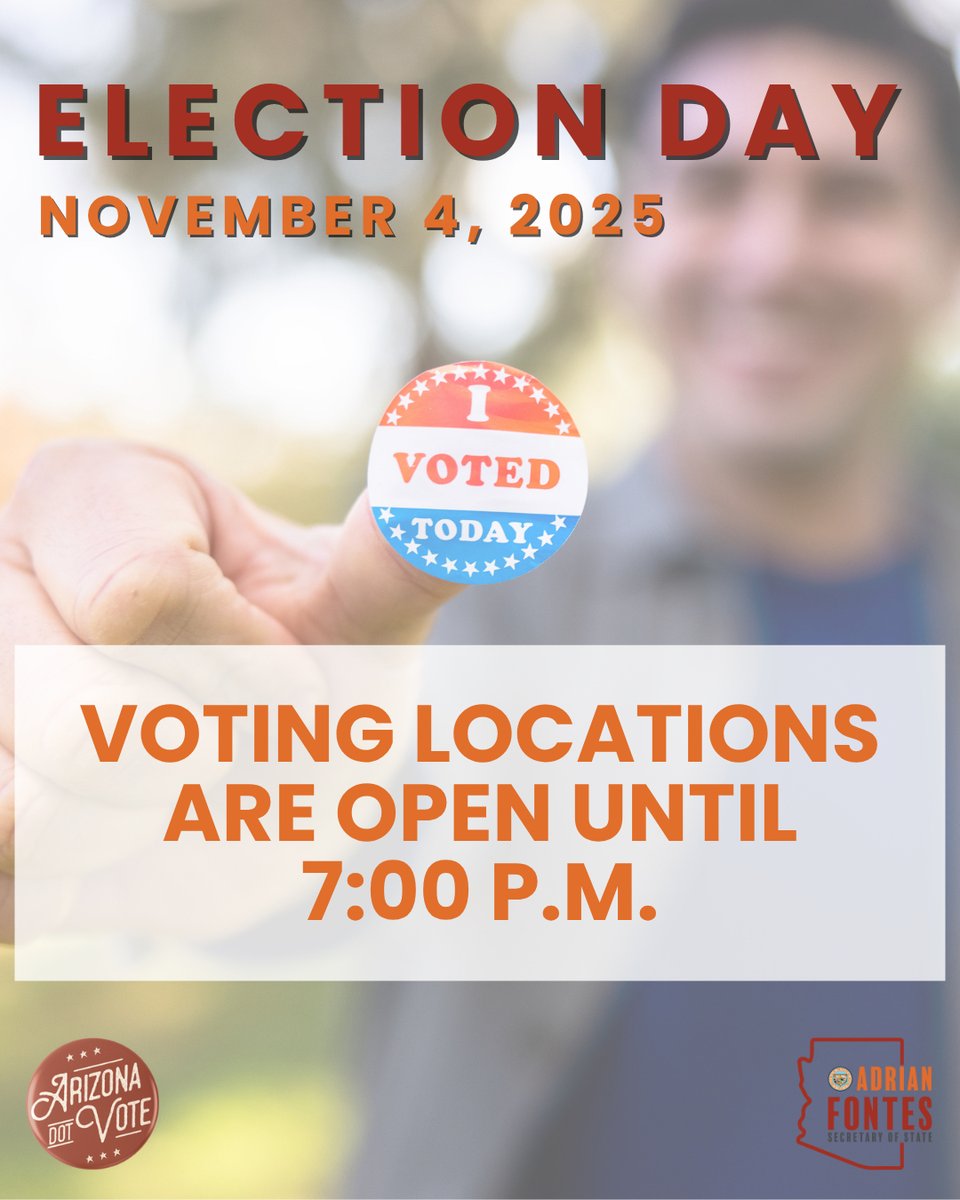 AZSecretary's tweet image. Today is Election Day for various jurisdictions in Arizona. 10 out of 15 counties are conducting local elections! Vote in-person or drop off your early ballots at voting locations in your county, open from 6 a.m. to 7 p.m. To find your voting location visit…