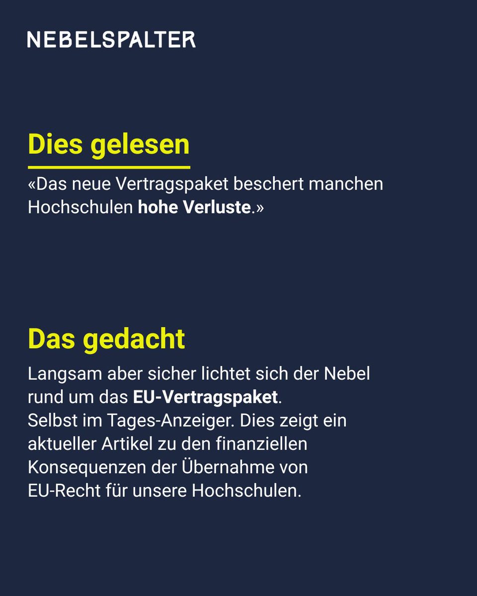 nebelspalter's tweet photo. Institutionelle Anbindung mit Nebenwirkungen: Der Fall der ETH-Studiengebühren

Die ETH ist Kontinental-Europas Spitze, doch beim Thema Gebühren hat nicht mehr Bern das letzte Wort. Das EU-Vertragspaket zwingt Gleichmacherei, schafft Defizite und schwächt das Parlament. https://t.co/V7Th8mMMy4