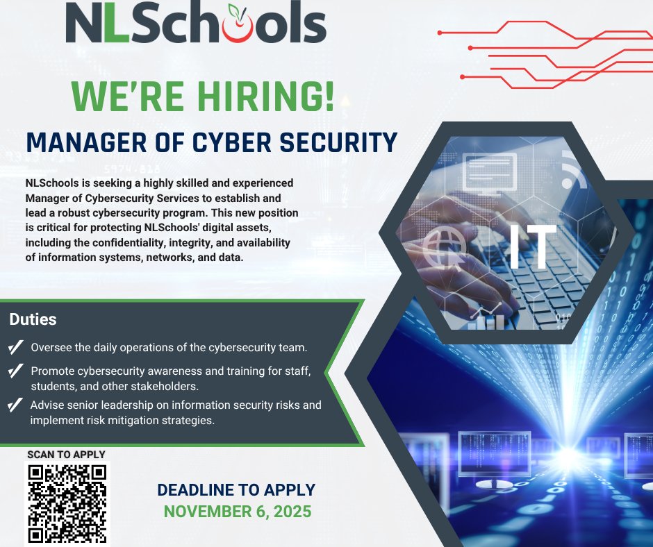 NLSchools is looking for someone with advanced knowledge of information security principles, practices, and technologies to be our new Manager of Cyber Security. If you're an effective leader and problem solver, learn more and apply here: 
nlschools.ca/employment/vie…