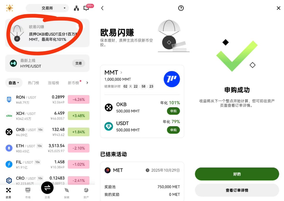 欧易闪赚，质押 OKB 挖 MMT，最高500个OKB.

闲置USDT也可以挖，最高5万美金早上车挖的多.