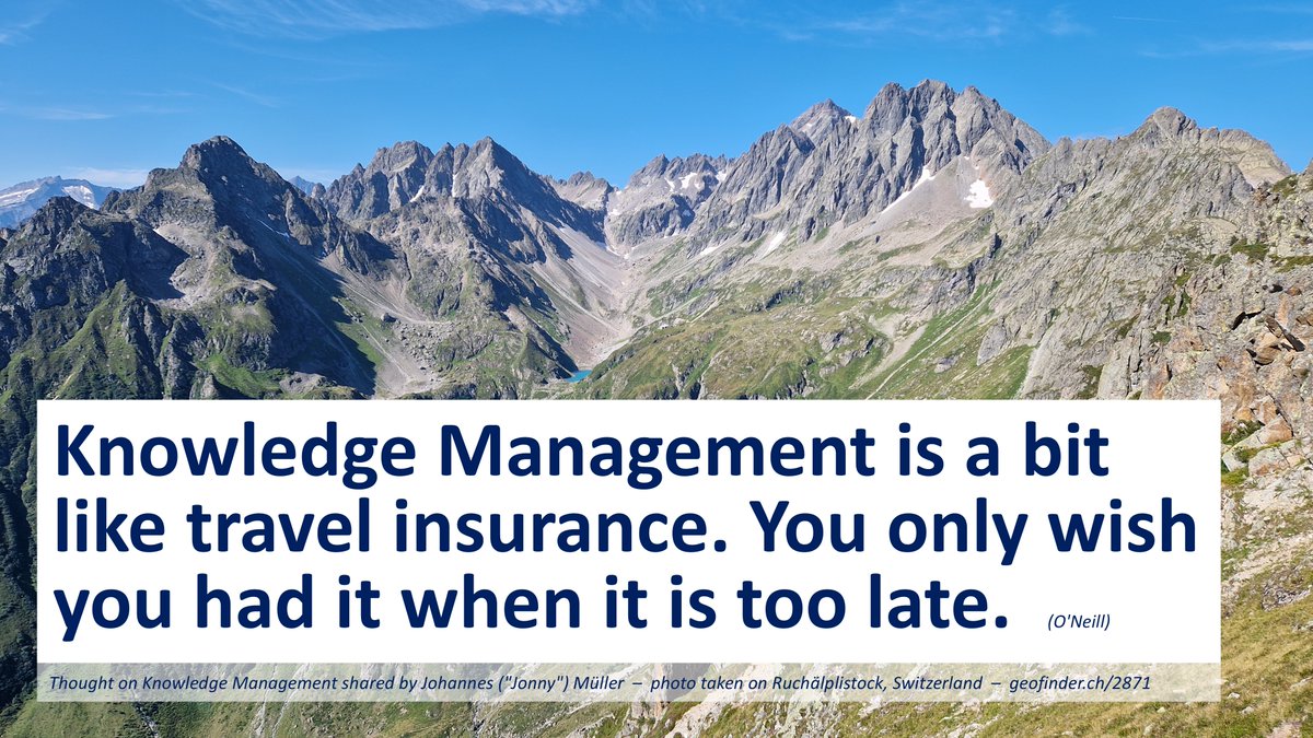 JonnyMueller's tweet photo. Thought on #KnowledgeManagement # 143:

💡💡 Knowledge Management is a bit like travel insurance. You only wish you had it when it is too late. 💡💡
(O'Neill)

▶️ Share your feedback: https://t.co/tO5nrC83D0
▶️ More thoughts: https://t.co/UJj1ty5eVA https://t.co/GRifL4oS5w