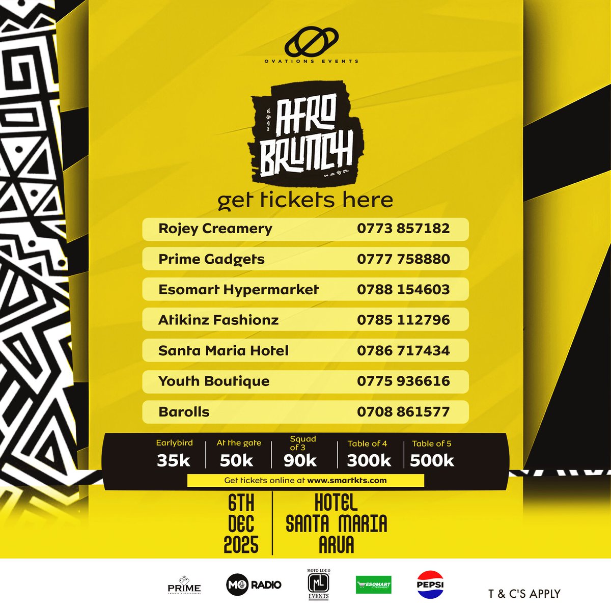 Afro Brunch is back  bigger, bolder &amp; better. 
6th Dec | Hotel Santa Maria, Arua
Get your tickets now and come brunch with the best vibes in UG. 
#AfroBrunch #BrunchAndBeats #AruaVibes