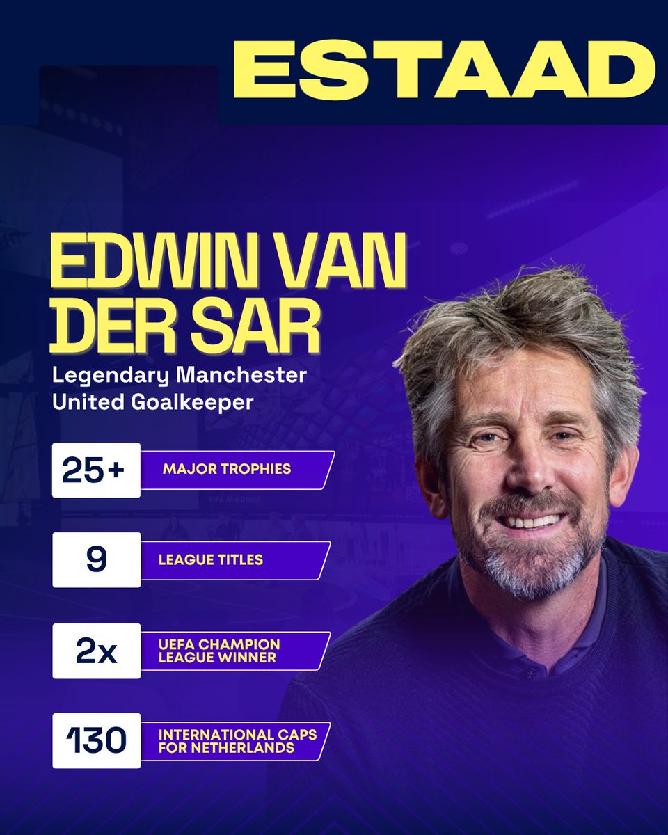estaadKSA's tweet photo. He’s conquered the Champions League. Now, he’s taking the stage at #ESTAAD2025!​

Beyond the Goalpost with the Legendary @vdsar1970  ⚽​

Don’t miss the live interview with Edwin van der Sar at the ESTAAD Stage, followed by a meet & greet!​

A reflection on leadership, resilience, and navigating the evolving world of global football. ​

📅 17 November 2025 | 19:35​
📍 Hall 5, ESTAAD | Cityscape Global – Riyadh Exhibition & Convention Centre (Malham)​

🎟️ Register now: https://t.co/pZPwTqDy7H