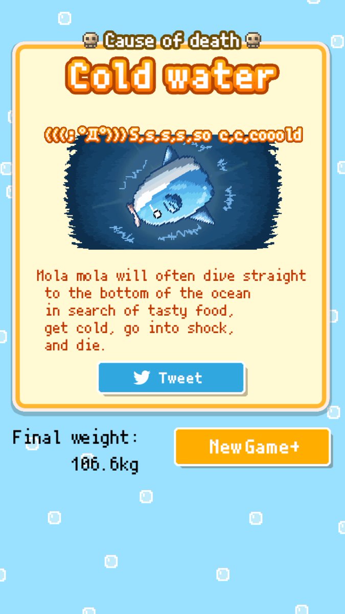 がんばって育てたマンボウが…
＿人人 人人＿
＞ 突然の死 ＜
￣Y^Y^Y^Y￣
死因: [Cold water]
体重：106.6kg
無料育成ゲーム【生きろ！マンボウ】
#マンボウ selectbutton.jp/apps/manbo